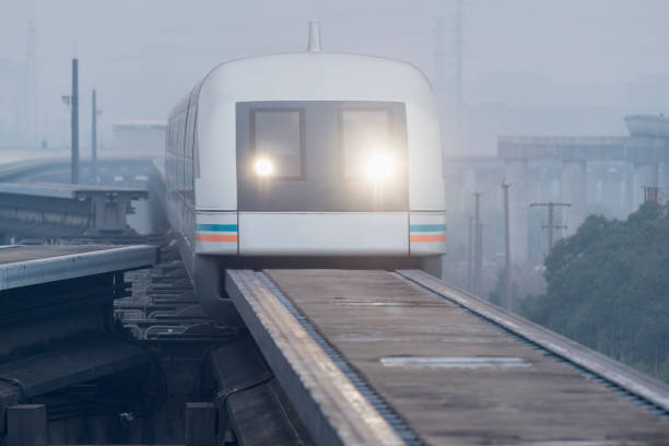 Magnetic levitation train approaches to the station. Shanghai.