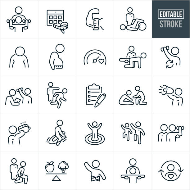 Personal Trainer Thin Line Icons - Editable Stroke A set of personal trainer icons that include editable strokes or outlines using the EPS vector file. The icons include a personal trainer assisting a client lift weights, calendar, weight loss, flexed arm with tape measure on bicep, personal trainer helping client with exercise ball, obese person, health goal meter, sports trainer assisting client exercising, fitness plan, checklist, personal trainer shouting through bullhorn, personal trainer blowing whistle, client jump roping, person meeting exercise goals, sports trainer helping client lift weights, personal trainer and client doing aerobic exercise together, sports trainer training client to do lunges, healthy eating scale, person meeting weight loss goal and others. personal trainer stock illustrations