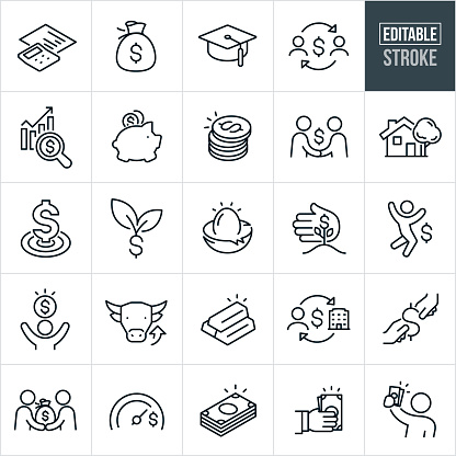 A set of investing icons that include editable strokes or outlines using the EPS vector file. The icons include a calculator next to a paper with financial charts, money bag full of money, graduation cap to represent education investment, investing chart, rising investment values, piggy bank, coins, handshake, real estate, money in bullseye, dollar sign growing, nest egg, person jumping for joy over investments, bull market, gold, business investment, financial goal meter, stack of cash, person receiving investment returns and others.