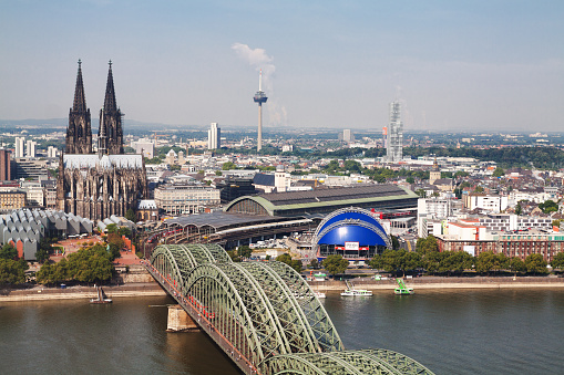 View over bridge Hollenzoller Bruecke to Cologne cathedral and main station in summer