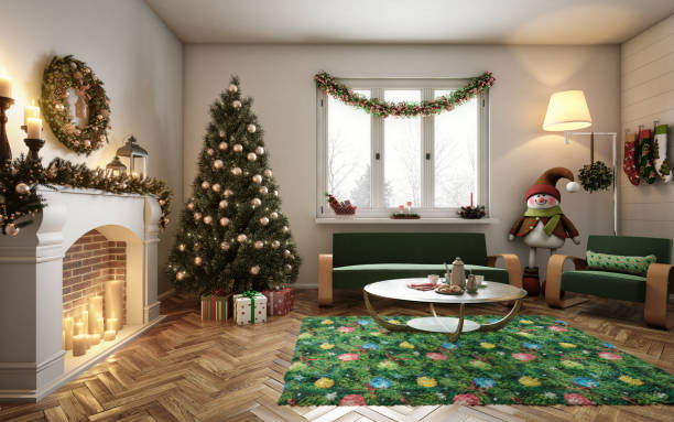 Christmas background. New Year interior design. Decorated tree near fireplace in great white living room.