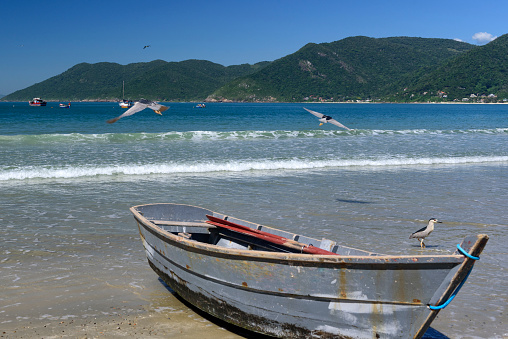 Small fishing boat on the beach of Pantano do Sul on the island of Santa Catarina in south of Brazil