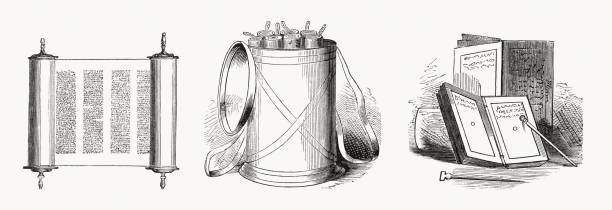 writing utensils of antiquity, wood engravings, published in 1862 - musevilik illüstrasyonlar stock illustrations