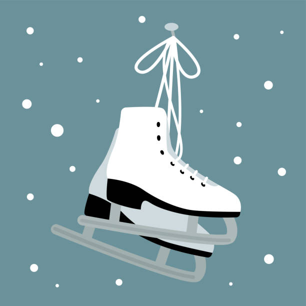 istock Card with white skates hanging on a hook. Winter sport. 1357494735