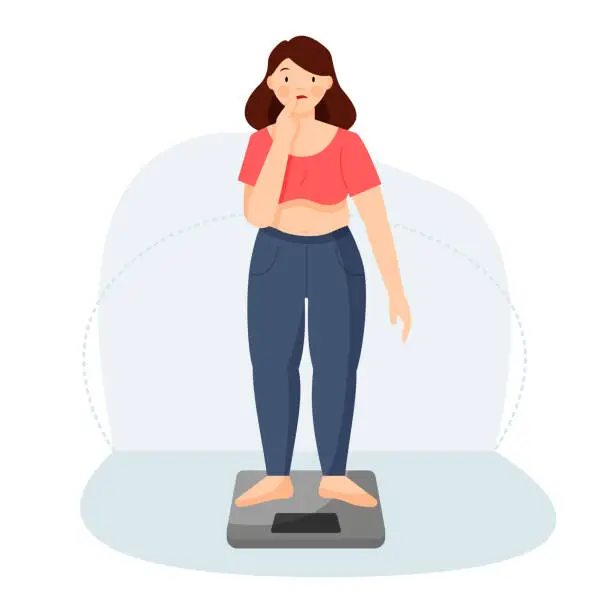 Vector illustration of Frustrated plump woman stands on the scales and thinks. Excess weight.