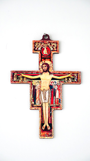 A Catholic San Damiano Wooden Cross On An Isolated Background