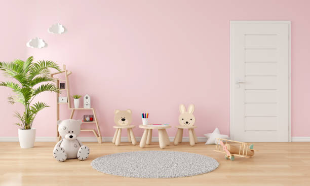 istock Chair and table in pink child room interior with copy space, 3D rendering 1357501559