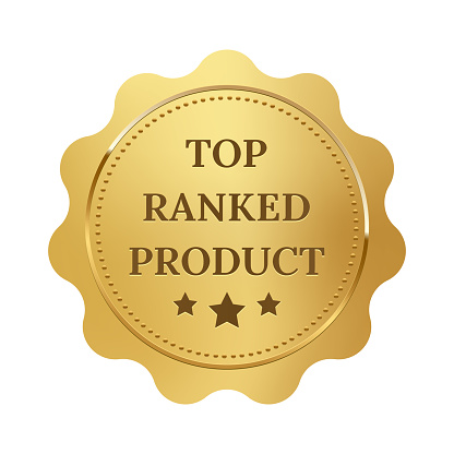 Gold seal for top ranked product vector illustration. Golden medal for best quality and shiny award for first place winners, foil ranking label certificate or emblem isolated on white background