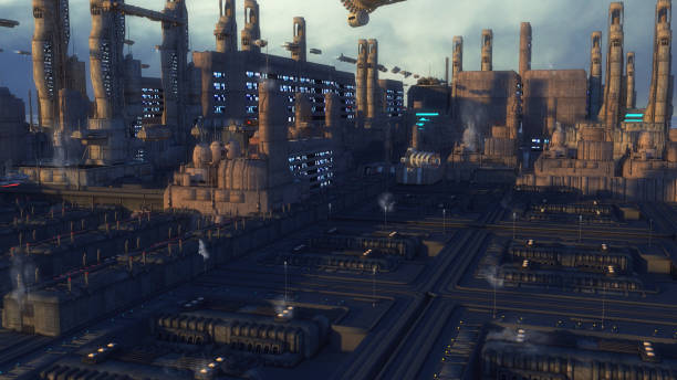 istock 3d rendering. Futuristic city and spaceships 1357507821