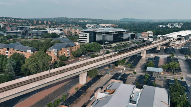 Aerial view of the Gautrain approaching Centurion station, Pretoria, South Africa