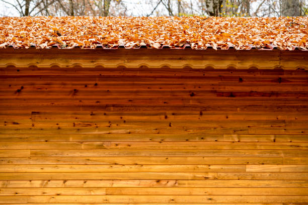 Roofs covered with leaves. Wooden wall.