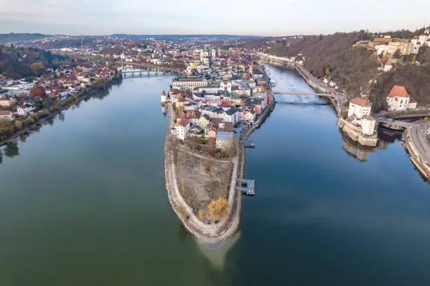 The city of Passau in Germany, close to the Austrian border famous for the merging of three rivers which are seen blending their colours in the waters. The city sits on the River Danube and is a popular tourist hotspot for holidaymakers and river cruise tours