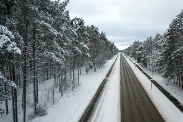 istock Black road and trees with chill snow in mountains 1357510855