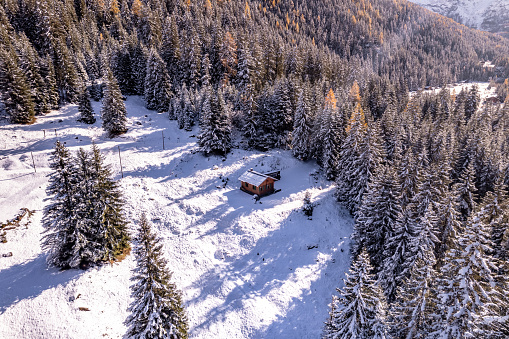 Aerial views of a small house in Switzerland in the snow surrounded by a forest