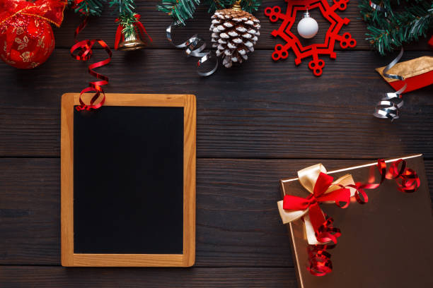 istock Christmas decorations with a gift box and copy space for text, ideas for presents on holiday 1357511763