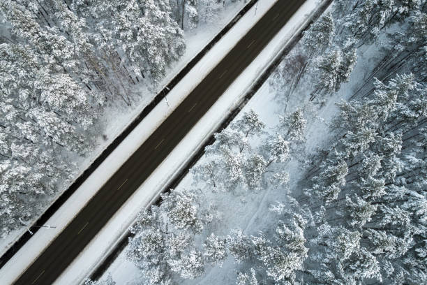 istock Black road and trees with chill snow in mountains 1357512515