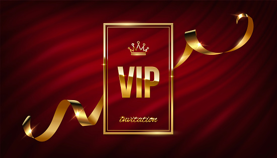 VIP golden frame invitation with wavy silk ribbon on curtain vector illustration. Realistic 3d exclusive premium gold certificate frame with VIP text, privilege of membership on red fabric background