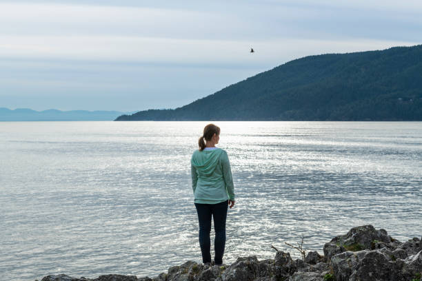 istock Female hiker relaxes on coastal mountain ridge 1357516327