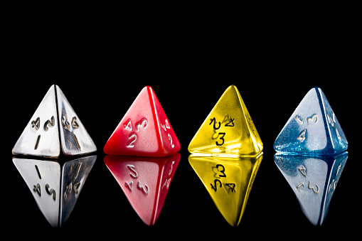 Four sided dice used in role playing games.