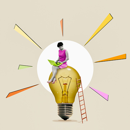 A woman researcher with a laptop sits on a light bulb. Contemporary collage.