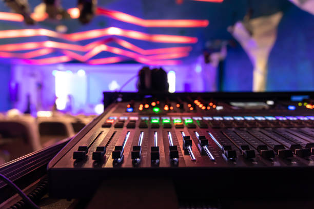 istock Close up, sound music mixer control panel on blurred background. 1357520746