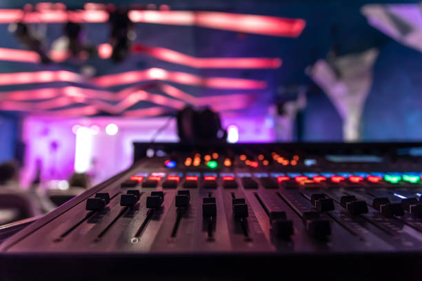 istock Close up, sound music mixer control panel on blurred background. 1357520752