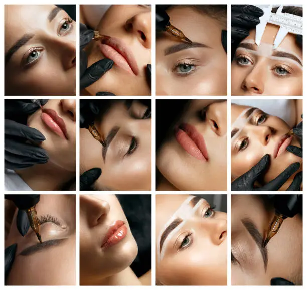 Cosmetician doing brow and lip permanent makeup procedure at beauty studio