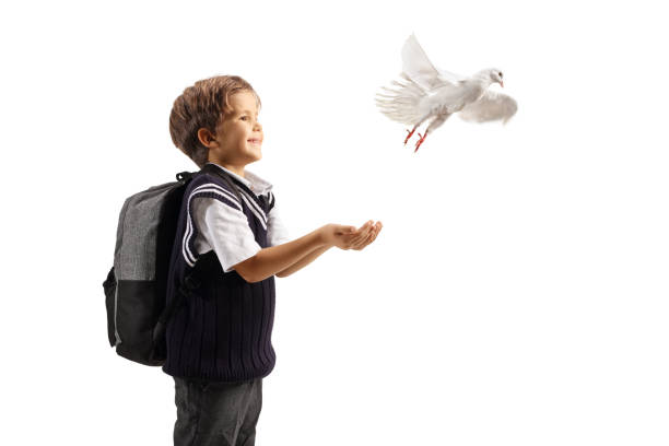 istock Boy in a school uniform letting a white dove fly from his hands 1357523054