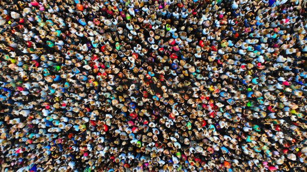 big crowd of people. people gathered together in one place. top view from drone. - human condition imagens e fotografias de stock