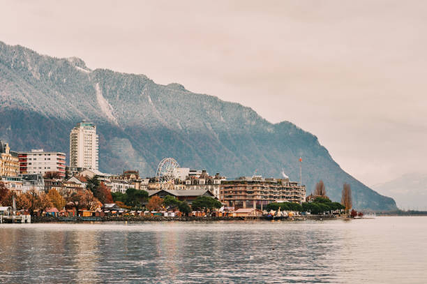 Winter landscape of Montreux city with installed Christmas market, Switzerland stock photo