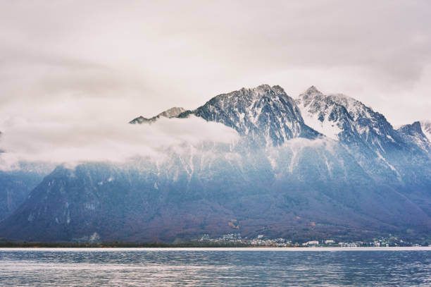 Winter landscape of lake Geneva or Lac Leman, Switzerland stock photo