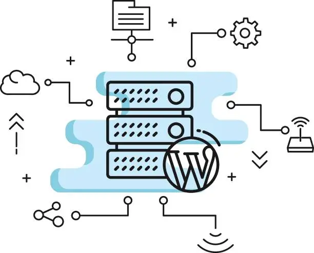 Vector illustration of CMS blog Hosting Concept, WordPress Blog Optimized Server Vector Icon Design, Cloud computing and Web hosting services Symbol, Content Management Server stock illustration