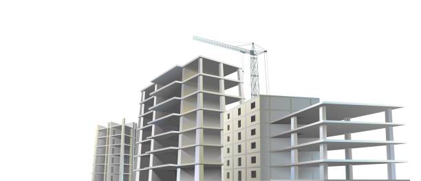 istock Building Several construction. Reinforced concrete slabs and floors. Residential house or office. Unfinished object. Realistic style. Lifting crane. Isolated on white background. Bottom view. Vector 1357527679