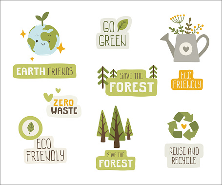 Set of eco friendly stickers. Collection of ecology badges. Bundle of planet earth care, recycling, zero waste.