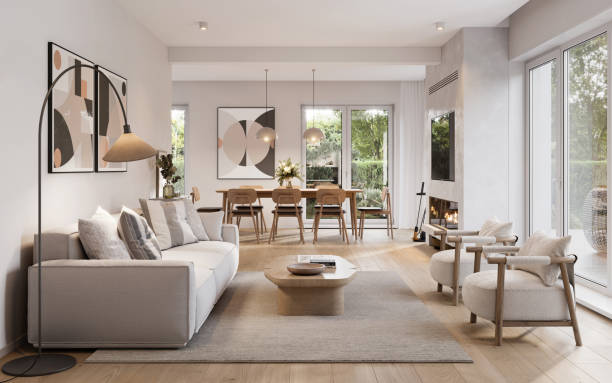 3d render of a contemporary living room interior - modern stok fotoğraflar ve resimler