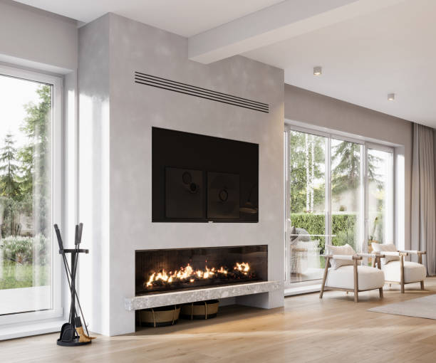 digitally generated image of a living room with fireplace - architectural feature fireplace home interior showcase interior imagens e fotografias de stock