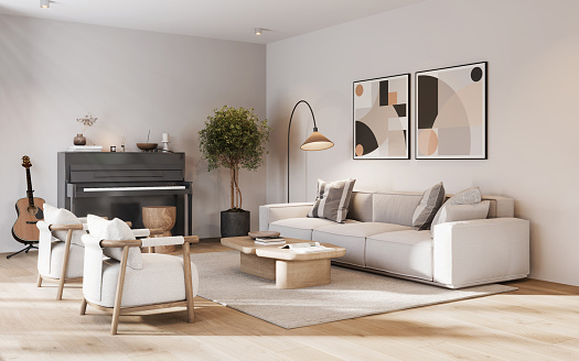 Interior of a modern living room with sofa sets and wall paintings. 3D rendering of a cozy living room.