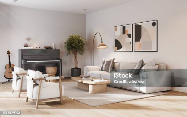 3d Rendering Of A Cozy Living Room Stock Photo - Download Image Now - Living Room, Home Interior, Indoors