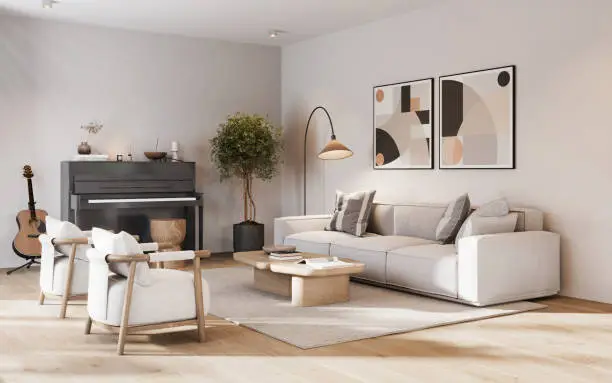 Interior of a modern living room with sofa sets and wall paintings. 3D rendering of a cozy living room.