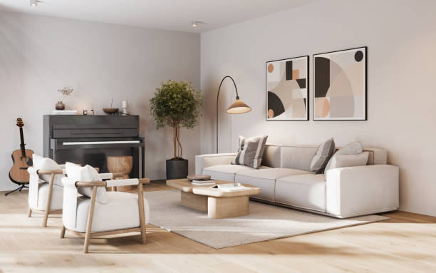 3d rendering of a cozy living room - loft apartment house contemporary indoors imagens e fotografias de stock