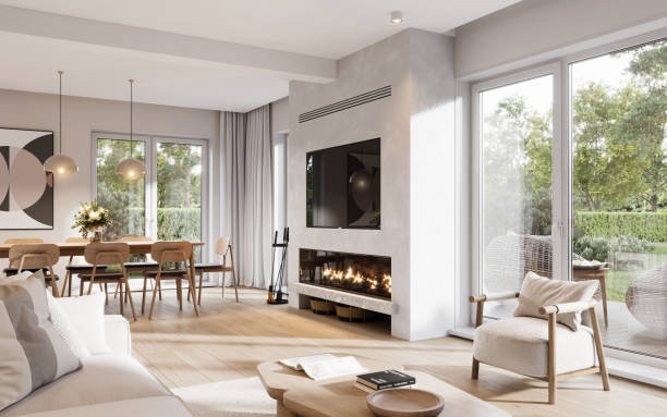 3d rendering of a modern-styled living room with fireplace - luxe stockfoto's en -beelden