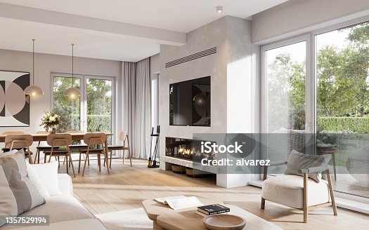 istock 3D rendering of a modern-styled living room with fireplace 1357529194