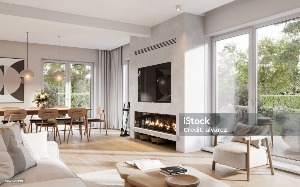 3D rendering of a modern-styled living room with fireplace 3D rendering of a modern-styled living room. Luxurious interiors of a living room with sitting area, fireplace and dining area. Home Interior Stock Photo