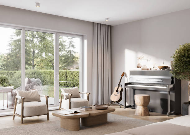 istock Spacious interiors of a modern living room with musical instruments in 3d 1357529202