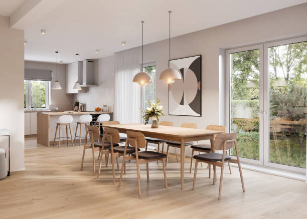 representación 3d de una zona de comedor en cocina moderna - mesa de comedor fotografías e imágenes de stock