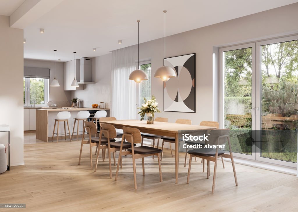 3D rendering of a dining area in modern kitchen 3D rendering of a dining area in modern kitchen. Luxurious interiors of a modern apartment. Living Room Stock Photo