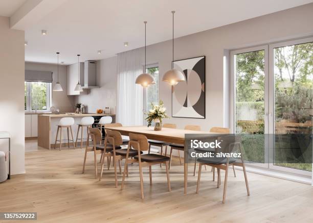 3d Rendering Of A Dining Area In Modern Kitchen Stock Photo - Download Image Now - Living Room, Kitchen, Indoors