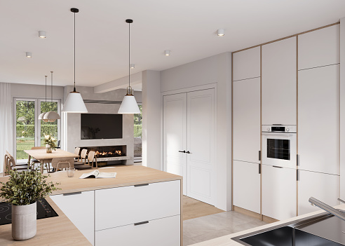 3D rendering of a domestic kitchen interior. Computer generated image of a simple kitchen design in white