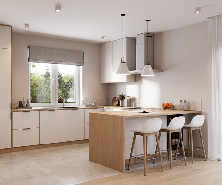 Modern kitchen interior with chairs at the kitchen island in 3d render. Computer-generated image of small kitchen interior.