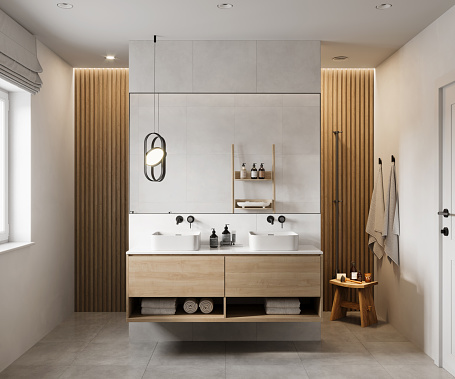 3D rendering of a luxurious bathroom interior with white ceramic washbasin and wooden cabinets. Computer generated image of a modern bathroom.
